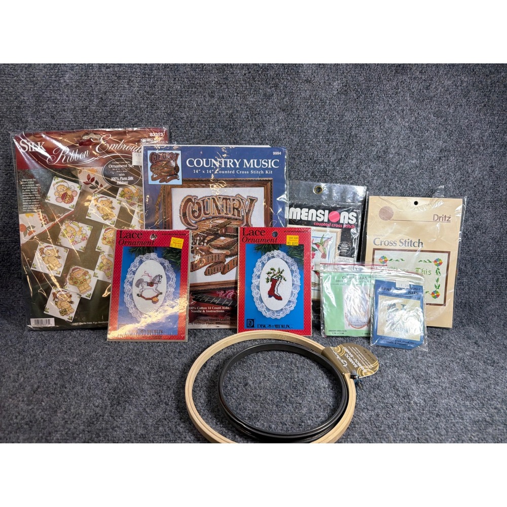 Vintage Cross Stitch & Embroidery Kit Lot Bucilla Dimensions Design Works Hoops